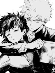  2boys arm_around_neck bakugou_katsuki boku_no_hero_academia closed_mouth collared_shirt commentary_request dmdtmt99 freckles gakuran greyscale highres looking_at_viewer male_focus midoriya_izuku monochrome multiple_boys open_collar school_uniform shirt short_hair simple_background spiky_hair white_background 