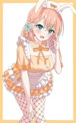  1girl :d animal_ear_headwear animal_ears aqua_eyes bandaid bandaid_hair_ornament blue_ribbon blue_streaks border breasts commentary_request crossed_bangs detached_collar fake_animal_ears feet_out_of_frame fishnets frilled_skirt frills hair_ornament hair_ribbon hasu_no_sora_yumekawa_fashion hat highres hinoshita_kaho houndstooth katanashi_(ktnsh_popu) large_breasts leaning_forward link!_like!_love_live! looking_at_viewer love_live! medium_hair midriff miniskirt multicolored_hair neck_ribbon nurse nurse_cap open_mouth orange_hair orange_ribbon orange_shirt orange_skirt outside_border rabbit_ears rabbit_hair_ornament ribbon shirt short_sleeves simple_background skirt smile solo streaked_hair virtual_youtuber white_background white_hat x_hair_ornament yellow_border yume_kawaii 