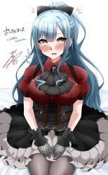  1girl absurdres alternate_hairstyle ascot bang_dream! bang_dream!_it's_mygo!!!!! bed_sheet black_ascot black_bow black_skirt blue_hair blush bow braid breasts bright_pupils brooch collared_shirt commentary_request commission corset cowboy_shot cross-laced_clothes cross-laced_corset frilled_wrist_cuffs frills gloves grey_gloves grey_pantyhose hair_bow half_up_braid hands_on_lap high_ponytail highres jewelry large_breasts layered_skirt long_hair looking_at_viewer notice_lines oblivionis_(bang_dream!) pantyhose parted_lips polka_dot_gloves ponytail puffy_short_sleeves puffy_sleeves red_shirt shirt short_sleeves sidelocks simple_background sitting skeb_commission skirt smile solo suspenders togawa_sakiko translation_request two-tone_skirt underbust very_long_hair white_background white_pupils white_skirt wrist_cuffs ya-man yellow_eyes 