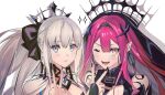  2girls bangs black_bow blue_eyes blush bow breasts choker closed_mouth crown dress earrings eiki_(eikityou_55) eyes_visible_through_hair fairy_knight_tristan_(fate) fate/grand_order fate_(series) fingers gem grey_eyes grey_hair hair_bow hair_ornament jewelry long_hair long_sleeves looking_at_viewer morgan_le_fay_(fate) multiple_girls off-shoulder_dress off_shoulder open_mouth pink_hair rhombus shadow smile spikes teeth uvula vampire white_background 