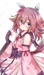  1girl animal_ears blue_eyes blush breasts brown_hair closed_mouth commentary_request detached_sleeves ear_covers fingerless_gloves flower gloves hair_between_eyes hair_flower hair_ornament highres horse_ears horse_girl horse_tail japanese_clothes kimono looking_at_viewer medium_hair petals pink_hair pink_kimono pink_skirt pink_sleeves sakura_chiyono_o_(strength_in_full_bloom)_(umamusume) sakura_chiyono_o_(umamusume) simple_background skirt smile solo sugi_(user_nash8444) tail umamusume 