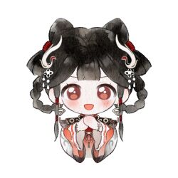  1girl artist_request bird bird_hair_ornament black_dress black_hair blunt_bangs bow-shaped_hair bracelet braid braided_hair_rings brown_eyes chibi chinese_clothes collared_dress crane_(animal) cropped_torso double_bun dress earrings eyelashes frilled_sleeves frills gold_bracelet gold_earrings gold_necklace hair_bun hair_ornament hair_rings hair_tubes hands_on_own_chest happy high_collar infinity_nikki jewelry layered_sleeves light_blush long_sleeves looking_at_viewer mandarin_collar necklace nikki_(series) official_art open_mouth own_hands_together red_tabard short_hair_with_long_locks short_over_long_sleeves short_sleeves sidelocks smile solo song_beyond_(infinity_nikki) sticker_(medium) straight-on tabard tareme transparent_background white_sleeves 