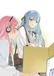  2girls absurdres bang_dream! bang_dream!_it's_mygo!!!!! black_ribbon blue_hair brown_bag chihaya_anon chinese_commentary clock closed_eyes collared_shirt commentary_request cubicle hair_ribbon headphones highres long_hair long_sleeves looking_at_another monitor multiple_girls neck_ribbon open_mouth pink_hair profile rakuichi ribbon shirt sidelocks smile standing togawa_sakiko two_side_up watermark weibo_watermark white_shirt yellow_eyes 