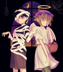  2boys angel_wings antenna_hair basil_(faraway)_(omori) basil_(omori) basket black_eyes black_hair black_shirt blonde_hair bright_pupils brown_shorts closed_mouth commentary_request expressionless fake_halo fake_wings flower flower_wreath grin halloween_costume halo head_wreath highres holding holding_basket index_finger_raised looking_at_viewer male_focus multiple_boys mummy_costume omori parted_lips revision segue5o shirt short_sleeves shorts smile something_(omori) sunny_(omori) teeth white_pupils wings 