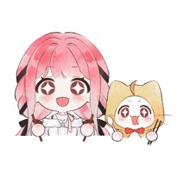  +_+ 1girl ahoge animal artist_request bare_shoulders black_bow black_ribbon blunt_bangs bow bow_choker bowtie bra_strap brown_eyes cat chibi choker chopsticks cloak clothed_animal cropped_torso drooling ear_covers excited eyelashes frilled_shirt frills hair_bow hair_ribbon hexagram holding holding_chopsticks holding_spoon hood hood_up hooded_cloak infinity_nikki jewelry light_blush long_hair long_sidelocks long_sleeves looking_at_viewer low_twintails momo_(nikki) necklace nikki_(nikki) nikki_(series) off-shoulder_shirt off_shoulder open_mouth painterly perfect_start_(infinity_nikki) pink_bow pink_bowtie pink_choker pink_hair red_bow red_bowtie ribbon shirt sidelocks smile sparkling_eyes spoon star_(symbol) star_necklace sticker straight-on tareme traditional_bowtie transparent_background tress_ribbon twintails v-shaped_eyebrows very_long_hair whiskers white_cat white_shirt yellow_cloak 
