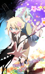  2boys absurdres alternate_color antenna_hair barefoot basil_(faraway)_(omori) basil_(headspace)_(omori) basil_(omori) black_shoes blonde_hair blue_eyes brown_shorts closed_mouth collared_shirt commentary_request double-parted_bangs dual_persona eighth_note flower flower_wreath green_eyes green_hair hair_between_eyes hair_flower hair_ornament happy_birthday head_wreath highres index_finger_raised looking_at_viewer male_focus misuka_sumin multiple_boys musical_note omori open_mouth outstretched_arm shirt shoes short_hair short_sleeves shorts sidelocks smile something_(omori) speech_bubble spoken_musical_note sweatdrop white_shirt 