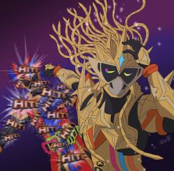  2boys armor black_gloves blue_armor blue_eyes closed_eyes commentary_request cowboy_shot english_text fighting gamer_driver gashat gloves gold_armor hand_on_own_head heterochromia highres houjou_emu jujutsu_kaisen kamen_rider kamen_rider_ex-aid kamen_rider_ex-aid_(hyper_muteki) kamen_rider_ex-aid_(series) kamen_rider_para-dx male_focus mask meme motion_lines multicolored_armor multicolored_eyes multiple_boys naoya_hitting_choso_without_looking_(meme) parad punching purple_background rainbow_eyes red_armor red_eyes rider_belt sparkle tendril tokusatsu upper_body vgz083 