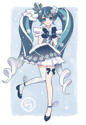 1girl :3 aqua_hair asymmetrical_legwear azaka_(pipponao) blue_bow blue_bowtie blue_dress blue_eyes blue_gloves blue_hair blush bow bowtie collarbone commentary_request crystal_hair_ornament detached_collar dress full_body gloves gradient_hair hair_between_eyes hair_ornament hatsune_miku highres jewelry knees_together_feet_apart long_hair multicolored_hair official_alternate_costume official_alternate_hairstyle parted_lips pleated_skirt single_thighhigh skirt smile snowflake_hair_ornament snowflake_print solo staff striped_clothes striped_thighhighs thigh-highs thigh_strap vocaloid white_hair white_thighhighs yuki_miku yuki_miku_(2025) 