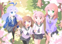  anime_coloring blue_eyes brown_hair cherry_blossoms commentary english_commentary fang green_eyes highres holding_hands loafers majormilk pantyhose pink_hair pleated_skirt purple_hair red_eyes ribbon sailor_collar school_uniform shoes skirt slow_start spring_(season) twintails violet_eyes 