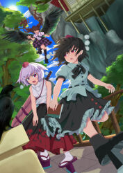  3girls absurdres animal_ears bird bird_wings black_bird black_boots black_bow black_bowtie black_necktie black_skirt black_wings blue_sky boots bow bowtie brown_hair checkered_clothes checkered_skirt closed_eyes clouds collared_shirt commentary crow day ears_down feathered_wings flying frilled_shirt_collar frilled_skirt frills geta grey_hair grey_socks guminemi hat highres himekaidou_hatate inubashiri_momiji knee_boots leg_up long_hair multiple_girls necktie open_mouth pink_eyes pointy_ears pom_pom_(clothes) puffy_short_sleeves puffy_sleeves purple_hat purple_shirt purple_skirt red_eyes red_hat shameimaru_aya shirt short_sleeves skirt sky smile socks tail tengu-geta tokin_hat touhou tree twintails two-tone_skirt walking waving white_shirt white_socks wings wolf_ears wolf_girl wolf_tail 
