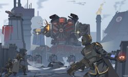  3others absurdres aircraft artist_name black_boots black_cape black_helmet black_jacket black_pants boots building cannon cape chimney commentary dated day explosive fire firing gar32 glowing grenade gun helldivers_(series) helmet highres holding holding_gun holding_weapon jacket knee_boots multiple_others outdoors overcast pants robot rocket_launcher shoe_soles sky weapon 