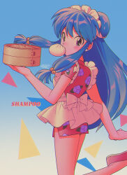  1girl absurdres bamboo_steamer bell blush character_name commentary_request double_bun dress dumpling food food_in_mouth hair_bell hair_bun hair_ornament highres long_hair maid_headdress menma_(enaic31) purple_hair ranma_1/2 red_dress shampoo_(ranma_1/2) sidelocks signature 