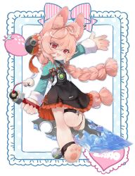  1girl absurdres animal_ear_fluff animal_ear_piercing animal_ears animal_feet animal_hands ankle_strap black_dress blue_shirt braid commentary dress furry furry_female hair_ornament highres holding holding_sword holding_weapon long_hair looking_at_viewer malsuk open_mouth pinafore_dress pink_hair rabbit_ears rabbit_girl red_eyes shirt sleeveless sleeveless_dress solo sphere_hair_ornament sword thick_eyebrows thigh_strap twin_braids very_long_hair weapon zenless_zone_zero zhao_(zenless_zone_zero) 