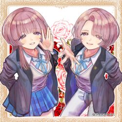  1girl arched_bangs arimura_mao beckoning black_jacket blue_ribbon blue_skirt blunt_bangs blush commentary flower gakuen_idolmaster highres idolmaster jacket multiple_views neck_ribbon official_alternate_hairstyle pants pink_hair pleated_skirt ribbon rose shirt skirt smile snouty_basket sweater_vest twitter_username untranslatable_commentary violet_eyes white_flower white_pants white_rose white_shirt 