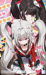  2girls black_hair chyanu circle_facial_mark clothing_cutout commentary diamond_(shape) diamond_facial_mark diamond_on_cheek dress english_commentary facial_mark fox_mask grey_hair heart heart_emoji heart_facial_mark heart_on_cheek highres honkai:_star_rail honkai_(series) long_hair long_sleeves mark_under_both_eyes mask mask_on_head multiple_girls pout red_dress red_streaks shoulder_cutout sparkle_(honkai:_star_rail) sparxie_(honkai:_star_rail) twintails very_long_hair 
