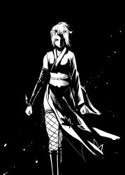  1girl bangs_pinned_back commentary_request folded_ponytail gintama hadanugi_dousa highres japanese_clothes kimono kiseru kunai monochrome nihongami scar scar_on_cheek scar_on_face sleeveless sleeveless_kimono smoking_pipe solo tanabatman tsukuyo_(gintama) weapon 