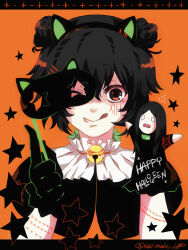  1boy :q abara_hanbee animal_ear_hairband animal_ears bell black_gloves black_hair cat_ear_hairband cat_ears character_puppet closed_mouth commentary_request double_bun fake_animal_ears gloves hair_bun hair_ornament hairband hairclip hand_puppet happy_halloween highres holding holding_mask jingle_bell looking_at_viewer male_focus mask masquerade_mask neck_bell one_eye_covered orange_background parallel_hairclips portrait puppet shishi_(eai_make) short_hair signature solo star_(symbol) stitched_arm stitched_face stitches straight-on suzuya_juuzou tokyo_ghoul tokyo_ghoul:re tongue tongue_out twitter_username 