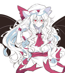  1girl alternate_hair_length alternate_hairstyle ascot back_bow bat_wings blush bow closed_mouth collared_shirt commentary_request hat hat_ribbon highres kanaria_(bcomn) long_hair looking_at_viewer mob_cap pointy_ears puffy_short_sleeves puffy_sleeves red_ascot red_bow red_eyes remilia_scarlet ribbon shirt short_sleeves simple_background skirt solo touhou very_long_hair white_background white_hat white_shirt white_skirt wings wrist_cuffs 
