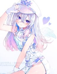  1girl amane_kanata amane_kanata_(heavenly_guard_mission) angel_wings blue_eyes blush center_frills chest_harness collared_shirt colored_inner_hair commentary_request cropped_jacket feathered_wings flat_chest frills gloves gradient_hair grey_hair hair_between_eyes harness hat high-waist_skirt highres hololive jacket long_hair multicolored_hair necktie official_alternate_costume official_alternate_hairstyle partially_fingerless_gloves peaked_cap pink_hair quilted_clothes replicayunikorn shirt short_sleeves shuriken simple_background skirt sleeveless sleeveless_shirt smile solo streaked_hair virtual_youtuber weapon white_background white_gloves white_necktie white_shirt white_skirt wing_collar wings zipper_skirt 