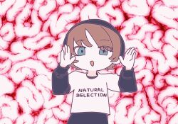  1boy :d androgynous animated animated_gif animification arms_up beanie black_hat black_pants black_shirt blue_eyes brain brown_hair chinese_commentary clapping clothes_writing cocobolo64588 commentary_request cowboy_shot deformed english_text eyes_visible_through_hair hair_between_eyes hat layered_shirt layered_sleeves long_sleeves looking_at_viewer male_focus open_mouth pants pink_background puffy_long_sleeves puffy_sleeves randy_stair real_life shirt short_hair short_over_long_sleeves short_sleeves simple_background smile solo standing t-shirt true_crime white_shirt 