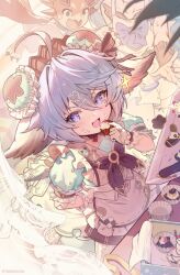  ahoge animal_ears blue_eyes commentary_request cupcake dress eating food granblue_fantasy hair_between_eyes harvin holding lyria_(granblue_fantasy) multicolored_eyes official_art out_of_frame short_hair symbol-shaped_pupils vyrn_(granblue_fantasy) wamdus_(granblue_fantasy) white_hair 