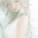  1girl bow breasts closed_eyes closed_mouth dress grey_hair itsuki_dorothy long_hair nier nier_(series) simple_background white_dress yonah 