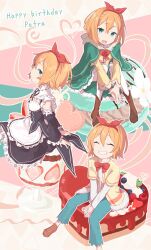  1girl 8_humi ^_^ apron between_legs black_ribbon black_sleeves blush boots bow bow_hairband bowtie cake cape capelet character_name closed_eyes commentary_request detached_sleeves dress food frilled_skirt frills fruit green_capelet green_eyes green_skirt grin hair_between_eyes hair_ribbon hairband hand_between_legs happy_birthday heart highres long_sleeves looking_at_viewer maid multiple_views neck_ribbon open_mouth orange_hair pants petra_leyte re:zero_kara_hajimeru_isekai_seikatsu red_bow red_bowtie red_hairband red_ribbon ribbon roswaal_mansion_maid_uniform shirt short_hair short_sleeves sitting skirt smile strawberry waist_apron white_apron white_shirt 