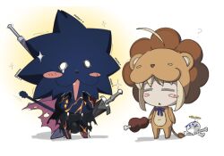  1boy 1girl ? ahoge animal_costume artoria_pendragon_(fate) blonde_hair blush_stickers boned_meat carnival_phantasm cu_chulainn_(fate) cu_chulainn_(fate/stay_night) cu_chulainn_(lancer)_(fate) fang fate/grand_order fate_(series) food highres inseong_indaeyo lion_boy lion_costume meat richard_i_(fate) richard_i_(third_ascension)_(fate) saber_lion skeleton squee sword triangle_mouth weapon 