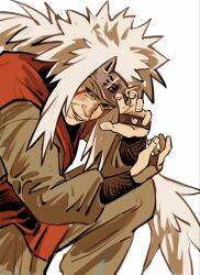  1boy dismoond facial_mark forehead_protector hashtag-only_commentary highres japanese_clothes jiraiya_(naruto) kimono konohagakure_symbol long_hair male_focus naruto_(series) open_clothes open_kimono solo spiky_hair white_hair 