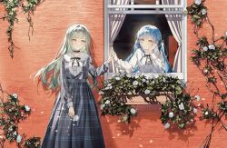  2girls bang_dream! bang_dream!_it's_mygo!!!!! black_choker black_ribbon blue_dress blue_hair chinese_commentary choker commentary_request dress flower frilled_choker frills green_hair hair_ribbon highres holding_hands long_hair long_sleeves multiple_girls neck_ribbon plaid_clothes plaid_dress ribbon rose second-party_source shirt sidelocks togawa_sakiko two_side_up umie_(iowae) wakaba_mutsumi white_flower white_rose white_shirt window yellow_eyes yuri 