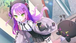  1girl :o absurdres aran_sweater beret bibi_(tokoyami_towa) black_bow black_bowtie black_hat black_skirt blush bow bowtie breasts cable_knit cardigan cellphone collared_shirt colored_inner_hair commentary creature demon_girl demon_tail dutch_angle ear_piercing fake_horns frilled_shirt frills green_eyes grey_bow grey_cardigan hair_bun hair_ornament hairclip hat heart heart_o-ring high-waist_skirt highres holding holding_phone hololive horned_headwear horns jirai_kei korean_commentary long_hair long_sleeves looking_at_viewer loose_socks lovett35 miniskirt mixed-language_commentary multicolored_hair nail_polish o-ring o-ring_thigh_strap off_shoulder official_alternate_costume one_side_up open_cardigan open_clothes open_mouth outdoors parted_lips phone piercing pink_hair pleated_skirt purple_hair shirt short_sleeves single_hair_bun single_side_bun skirt sleeveless sleeveless_shirt sleeves_past_wrists smartphone socks solo standing streaked_hair suspender_skirt suspenders sweater tail tail_ornament tail_piercing tattoo thigh_strap tokoyami_towa tokoyami_towa_(jirai_kei) two-tone_hair v-shaped_eyebrows virtual_youtuber white_shirt white_socks x_hair_ornament yellow_nails 