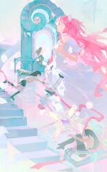  2girls absurdres akemi_homura black_hair black_shoes black_skirt black_socks chaconne choker commentary dress goddess_madoka hashtag-only_commentary highres kaname_madoka long_hair mahou_shoujo_madoka_magica mitakihara_school_uniform multiple_girls pink_hair school_uniform shoes skirt socks spiral_staircase stairs sweater two_side_up very_long_hair white_choker white_dress white_socks yellow_sweater 