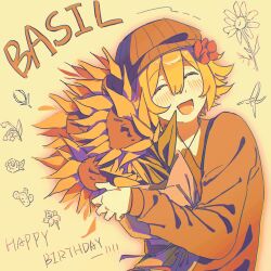  ! !! 1boy :d ^_^ basil_(birthday)_(omori) basil_(faraway)_(omori) basil_(omori) blonde_hair blush bouquet brown_cardigan brown_hat cactus cardigan center-flap_bangs character_name closed_eyes collared_shirt commentary dated_commentary double-parted_bangs english_commentary english_text facing_ahead facing_up flipped_hair floral_background flower gardening_shears gladiolus hair_between_eyes hair_flower hair_ornament hand_up happy_birthday hat highres holding holding_bouquet kukiio_233 leaf lily_of_the_valley lower_teeth_only male_focus newsboy_cap official_alternate_costume omori open_cardigan open_clothes open_mouth outline pink_outline red_flower rose shears shirt short_hair sidelighting sidelocks simple_background smile solo sunflower teeth tongue tulip upper_body white_shirt yellow_background 
