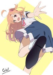  1girl ahoge artist_name black_shoes blue_skirt ciel_anime315 collared_shirt commentary_request fold-over_socks foot_out_of_frame hair_ornament hair_scrunchie highres ikizulive!_love_live!_bluebird looking_at_viewer love_live! miniskirt neckerchief one_side_up orange_hair outstretched_arm pink_neckerchief pink_scrunchie puffy_short_sleeves puffy_sleeves scrunchie shirt shoe_soles shoes short_sleeves signature skirt socks solo takahashi_polka white_shirt white_socks yellow_background 