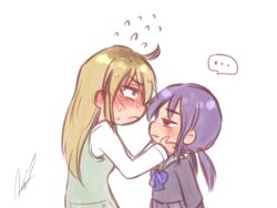  ... 2girls ahoge aosora_(mizore) black_serafuku black_shirt black_skirt blonde_hair blue_bow blue_bowtie blue_eyes blush bow bowtie breasts closed_mouth commentary_request empty_eyes flying_sweatdrops from_side green_sweater_vest hair_between_eyes half-closed_eyes hands_on_another's_face hands_up hayano_yuuki long_hair long_sleeves looking_up low_twintails medium_breasts multiple_girls nervous original pleated_skirt purple_hair red_eyes sailor_collar school_uniform serafuku shirt shy sidelocks signature simple_background skirt speech_bubble spoken_ellipsis sweat sweater_vest twintails upper_body white_background white_shirt wide-eyed yazaki_shiori yuri 