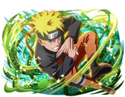  1boy black_boots black_jacket blonde_hair blue_eyes boots clenched_teeth facial_mark forehead_protector jacket konohagakure_symbol looking_at_viewer multicolored_jacket naruto_(series) naruto_shippuuden:_ultimate_ninja_blazing official_art open-toe_boots orange_jacket orange_pants pants short_hair solo teeth two-tone_jacket uzumaki_naruto whisker_markings 