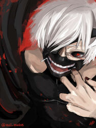  1boy black_bodysuit black_sclera blood blood_on_clothes bodysuit colored_sclera commentary_request eyepatch hand_up highres kaneki_ken looking_at_viewer male_focus mask mouth_mask mouth_print one_eye_covered open_mouth print_mask red_eyes shishi_(eai_make) short_hair solo tokyo_ghoul twitter_username unzipped upper_body white_hair zipper_pull_tab 