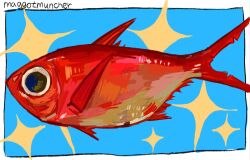  animal_focus blue_background border fish from_side full_body goldfish highres maggotmuncher0 no_humans original painterly simple_background sparkle white_border wide-eyed 