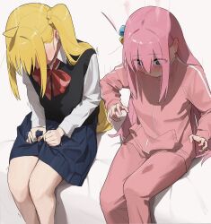  2girls ahoge black_vest blonde_hair blue_hair blue_skirt blush bocchi_the_rock! bow bowtie collared_shirt commentary cube_hair_ornament embarrassed feet_out_of_frame gotoh_hitori hair_ornament hand_up head_down highres ijichi_nijika jacket long_hair long_sleeves medium_skirt multiple_girls pants pink_hair pink_jacket pink_pants pleated_skirt polka_dot polka_dot_bow polka_dot_bowtie saliva saliva_trail seisyuntarotto shirt side_ponytail sidelocks sitting skirt skirt_hold track_jacket untranslatable_commentary vest white_shirt wide-eyed 