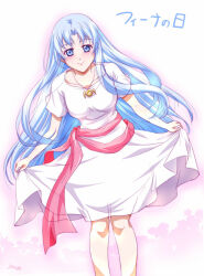  1girl ancient_ys_vanished blue_eyes blue_hair breasts closed_mouth clothes_lift commentary_request cowboy_shot curtained_hair dress dress_lift feena_(ys) floating_hair jewelry long_hair looking_at_viewer medium_breasts parted_bangs pendant pink_background short_sleeves simple_background smile solo two-tone_background upper_body very_long_hair white_background white_dress xiacheng_tatsuya ys 