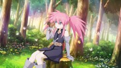 1girl animal_on_hand artist_request belt belt_bag black_trim blue_eyes blush boots brown_belt bug butterfly chest_jewel closed_mouth coat cowboy_shot dagger day elbow_gloves fingerless_gloves forest game_cg gem gloves grass grey_boots grey_coat grey_gloves highres knife light_blush long_hair looking_at_animal nature official_art on_tree_stump outdoors pink_hair plant presea_combatir purple_coat red_gem sheath sitting sitting_on_object sleeveless sleeveless_coat smile solo squirrel tales_of_(series) tales_of_crestoria tales_of_symphonia third-party_source tree tree_stump twintails weapon white_butterfly yellow_butterfly 