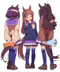  3girls animal_ears arms_behind_back blue_cardigan blush bouquet bow bowtie braid brown_cardigan brown_hair cardigan carrot closed_eyes closed_mouth commentary_request ear_bow ear_ribbon el_condor_pasa_(umamusume) flower grass_wonder_(umamusume) hair_between_eyes half_up_braid highres holding holding_bouquet horse_ears horse_girl horse_tail long_hair long_sleeves multicolored_hair multiple_girls party_popper pleated_skirt ponytail purple_bow purple_shirt purple_skirt purple_thighhighs sailor_collar sailor_shirt school_uniform shirt shoes short_hair skirt smile special_week_(umamusume) tail teddy_(takarada) thigh-highs tracen_school_uniform two-tone_hair umamusume white_bow white_bowtie white_hair 