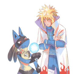  blue_fur body_fur flak_jacket forehead_protector highres hokage jacket kokodrawings konohagakure_shinobi_uniform konohagakure_symbol lucario multicolored_fur namikaze_minato naruto_(classic) naruto_(series) pokemon pokemon_(creature) spikes spiky_hair trait_connection yellow_fur 