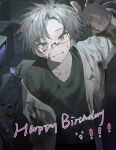  arm_up blood blood_on_clothes blood_on_face blue_eyes chinese_commentary commentary_request english_text glasses green_shirt grin happy_birthday highres kanou_aogu labcoat long_sleeves open_labcoat rrr3x saibou_shinkyoku shirt short_hair smile white_hair 