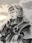  1boy bangs closed_mouth fire_emblem fire_emblem_fates greyscale looking_to_the_side male_focus medium_hair monochrome parted_bangs solo uboar upper_body xander_(fire_emblem) 