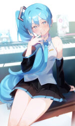  1girl alternate_hairstyle aqua_eyes aqua_hair aqua_nails aqua_necktie aqua_trim bare_shoulders black_skirt black_sleeves blurry blurry_background blush breasts collarbone collared_shirt commentary_request detached_sleeves grey_shirt hair_between_eyes hair_ornament hair_over_shoulder hand_up hatsune_miku hatsune_miku_(noodle_stopper) head_tilt headphones highres instrument long_hair long_sleeves looking_at_viewer medium_breasts meme miniskirt necktie nico_eggroll open_mouth piano pleated_skirt shirt side_ponytail sidetail_miku_noodle_stopper_(meme) sitting skirt sleeveless sleeveless_shirt smile solo twitter_username upper_body very_long_hair vocaloid wide_sleeves 