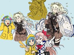  3girls :d absurdres annoyed arms_up black_choker black_gloves black_pantyhose blonde_hair blue_eyes blue_hair bow bowtie braid brown_jacket capelet choker closed_eyes cross crossover double-parted falling_petals floating_hair flower gloves hair_ornament hair_ribbon hands_up hexagram highres holding iwi_x95 jacket long_hair looking_at_viewer luce_(jubilee_2025) multiple_girls negev_(girls'_frontline) non-web_source palms_together pantyhose petals pink_hair pleated_skirt pointing pointing_at_viewer raincoat red_eyes red_ribbon ribbon rosary short_hair simple_background skirt smile star_of_david upper_body white_gloves white_jacket x95_(girls'_frontline) yellow_raincoat 