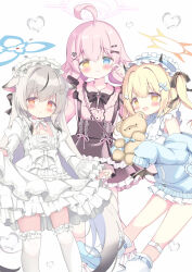  3girls absurdres ahoge alternate_costume animal_ears azumi_kazuki black_hair black_ribbon black_skirt blonde_hair blue_archive blue_eyes blue_halo blush closed_mouth comiket_108 commentary_request dress enmaided frills grey_hair hair_flaps hair_ribbon halo heterochromia highres holding holding_stuffed_toy hoshino_(blue_archive) ibuki_(blue_archive) jirai_kei kokona_(blue_archive) long_hair looking_at_viewer low_twintails maid multicolored_hair multiple_girls open_mouth pink_hair pink_halo pink_shirt red_eyes ribbon shirt side_ponytail skirt streaked_hair stuffed_animal stuffed_toy suspender_skirt suspenders teddy_bear thigh-highs tiger_ears tiger_girl twintails white_dress white_thighhighs yellow_eyes yellow_halo 