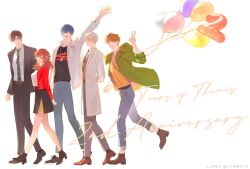  1girl 4boys ;d absurdres anniversary artem_wing_(tears_of_themis) balloon black_jacket black_necktie black_pants black_skirt blue_eyes brown_eyes brown_hair coat dog_tags formal_clothes full_body glasses green_eyes green_jacket highres jacket jyan512 lab_coat luke_pearce_(tears_of_themis) marius_von_hagen_(tears_of_themis) multiple_boys necktie one_eye_closed open_mouth pants purple_hair red_jacket red_necktie rosa_(tears_of_themis) short_hair simple_background skirt smile standing tears_of_themis v violet_eyes vyn_richter_(tears_of_themis) white_background white_coat white_hair yellow_eyes 
