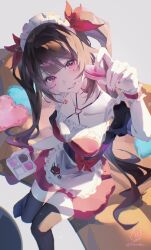  1girl absurdres alternate_costume apron black_thighhighs box box_of_chocolates brown_hair commentary_request cookie food hand_up heart heart-shaped_cookie heart-shaped_food highres holding holding_food honkai:_star_rail honkai_(series) long_hair looking_at_viewer maid_apron maid_headdress mark_under_both_eyes parted_lips pink_eyes short_hair short_sleeves sitting solo sparkle_(honkai:_star_rail) thigh-highs tororogohan twintails very_long_hair white_apron wrist_cuffs 